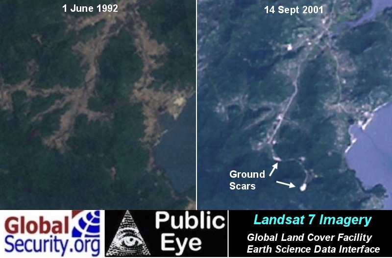 Comparison of two Landsat-7 images showing the start of construction some time before 2001