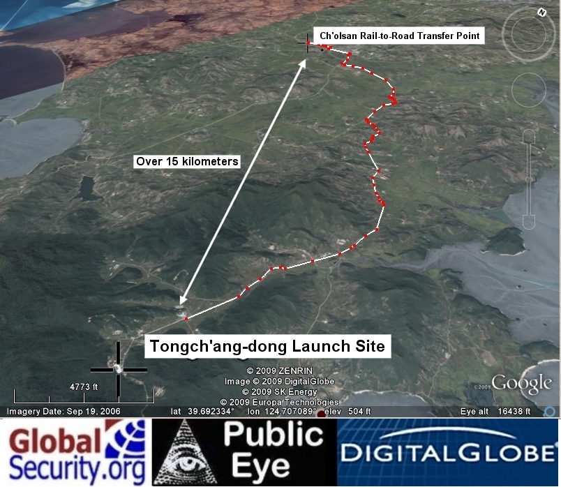 Perspective view showing the road between the town of Ch'olsan and the launch site