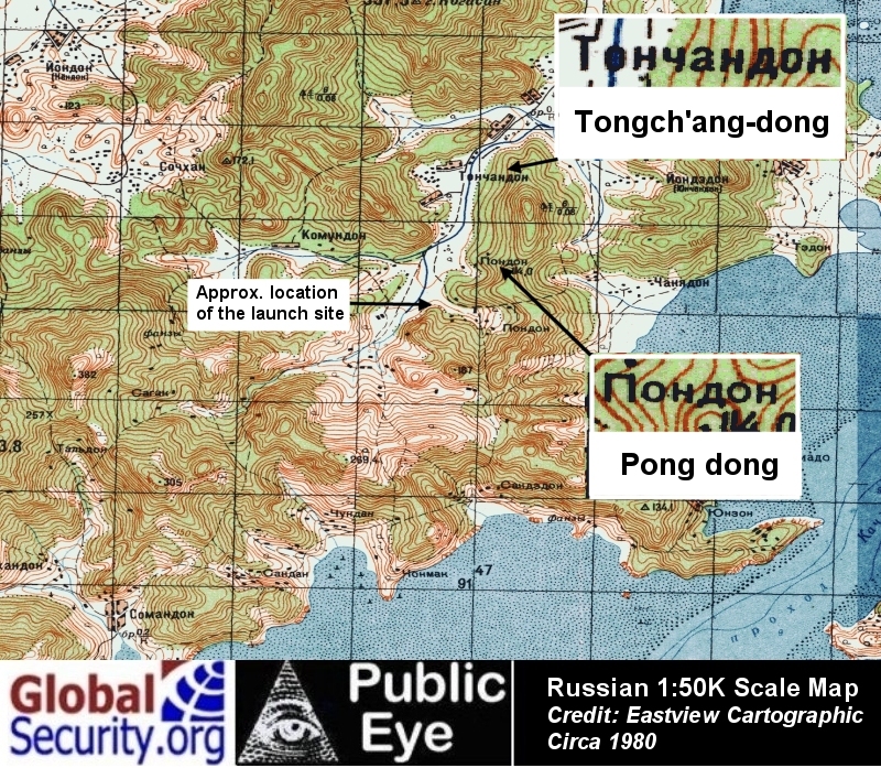 Russian map showing the names of the village near the launch site